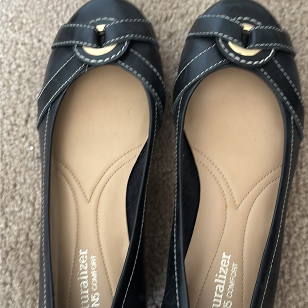 Naturalizer Black Leather Slip-On Flats with Gold Accent